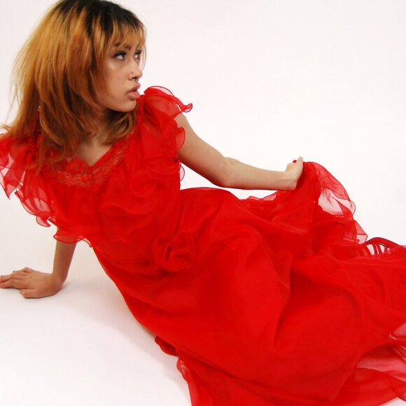 Vintage Dresses & Skirts - 60s Chiffon Gown (XS) vintage red evening dress ruffle prom frilly sheer witch